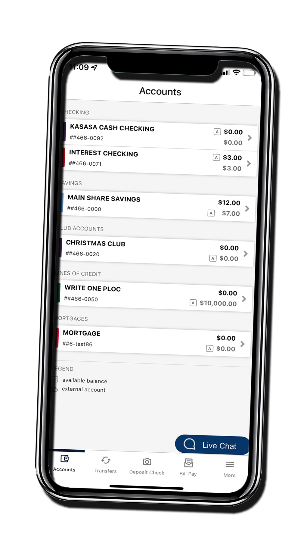 Cell phone showing "Accounts" Screen in mobile banking