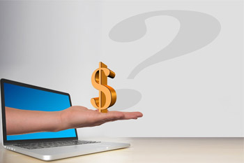 hand reaching out of computer holding dollar sign, making a question mark shadow on the wall