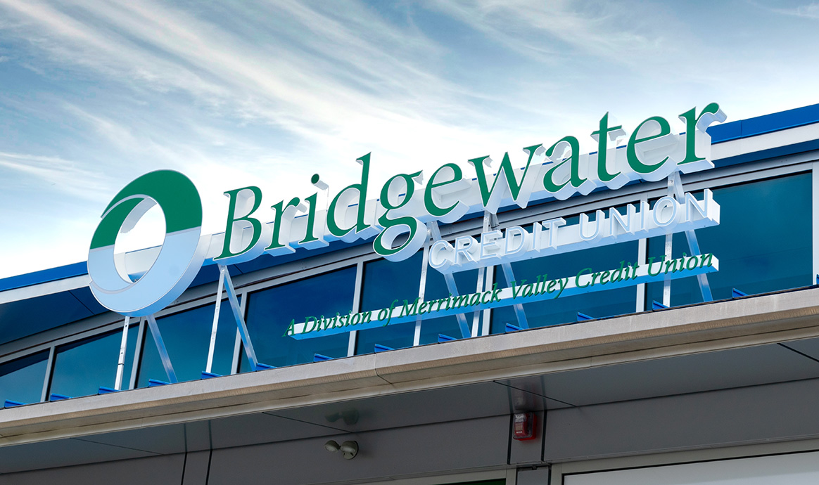 Closeup of sign on Bridgewater Credit Union's new branch in Hanover.