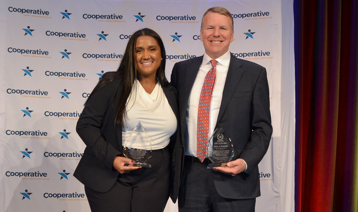 Merrimack Valley Credit Union’s (MVCU) Assistant Vice President of Member Support, Zobeida Duarte, and President & CEO, John J. Howard were honored during the Cooperative Credit Union Association’s (CCUA) annual APEX conference