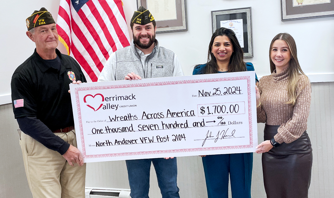 VFW members Bill Dolan and Jeff Clark stand with MVCU’s Merrimack Valley Regional Sales & Service Manager Kinjal Singh and MVCU’s North Andover Branch Manager Lina Quijano. 
